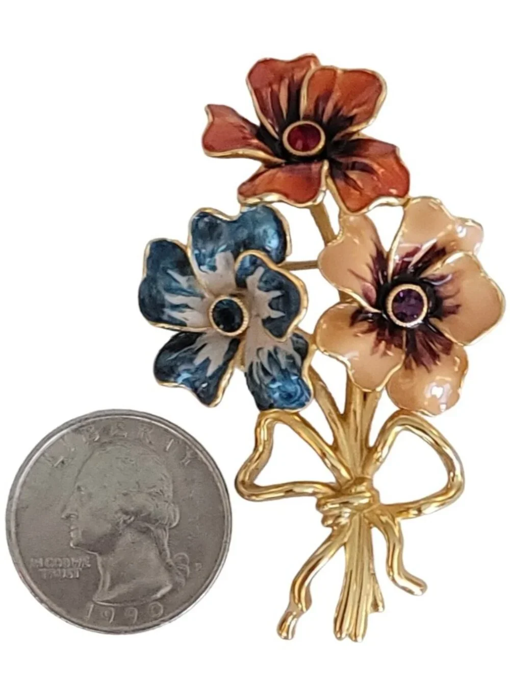 Joan Rivers Orange Red, Blue Enamel Rhinestone Flower Bunch Brooch, Signed K72